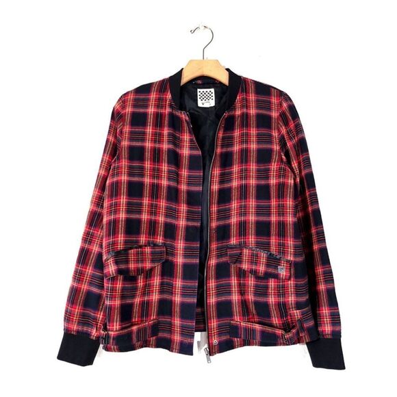 VANS Velouria Zip Up Bomber Jacket in Red Black Plaid 90s Grunge Punk Medium y2k - Picture 1 of 12
